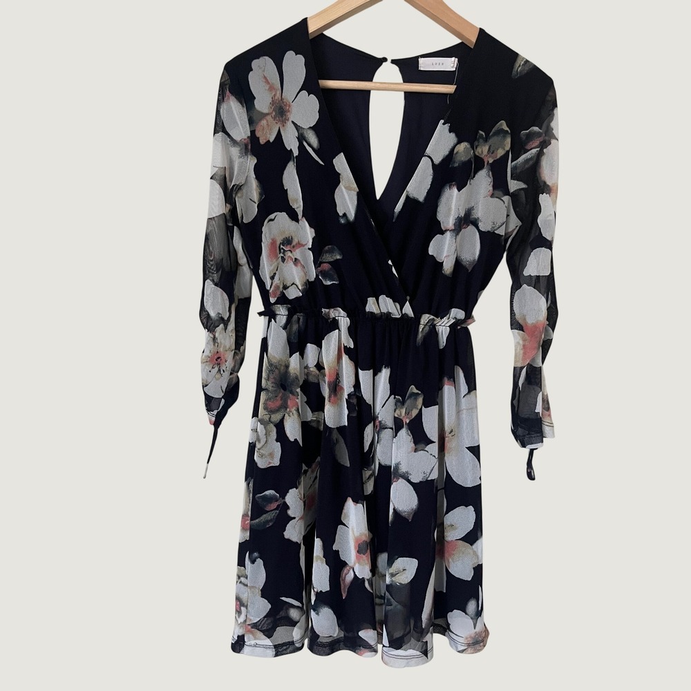 Lush Floral Mesh Mini Dress Black White Long Sleeve Keyhole XS dark romantic